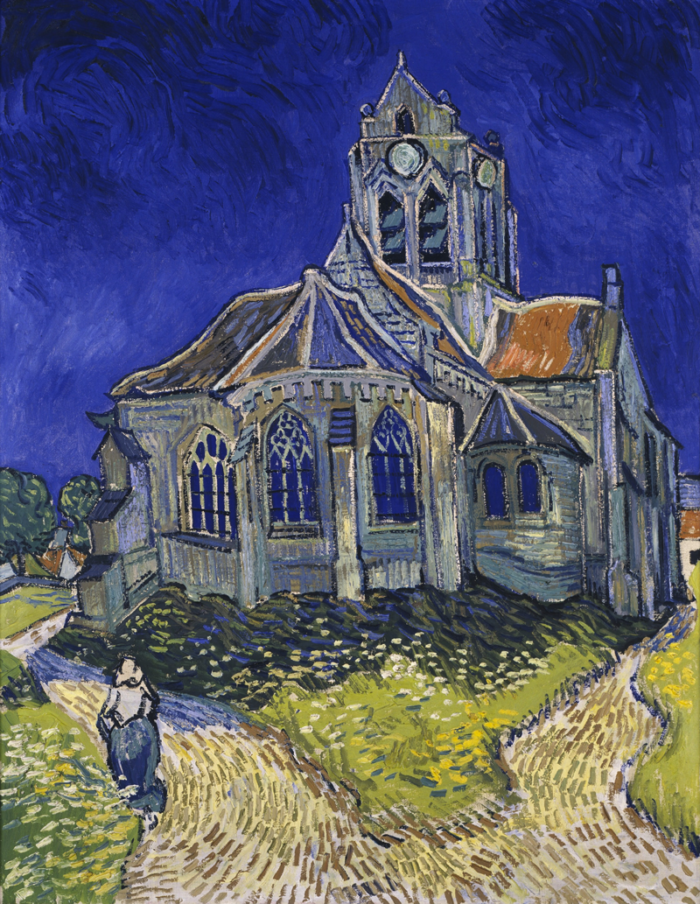 Célèbre peinture de Vincent Van Gogh représentant l'église d'Auvers, et au premier plan à gauche une femme de dos qui serpente sur un chemin d'accès