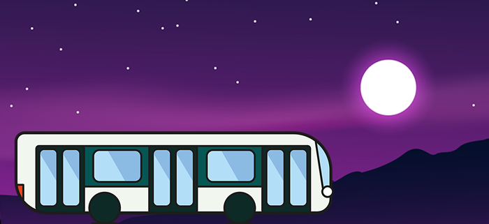 Dessin d'un bus de nuit sous un ciel étoilé