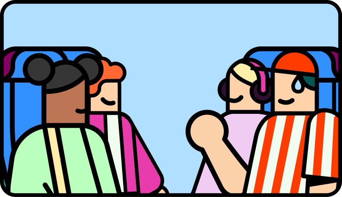 Illustration représentant quatre personnages assis face à face dans un train