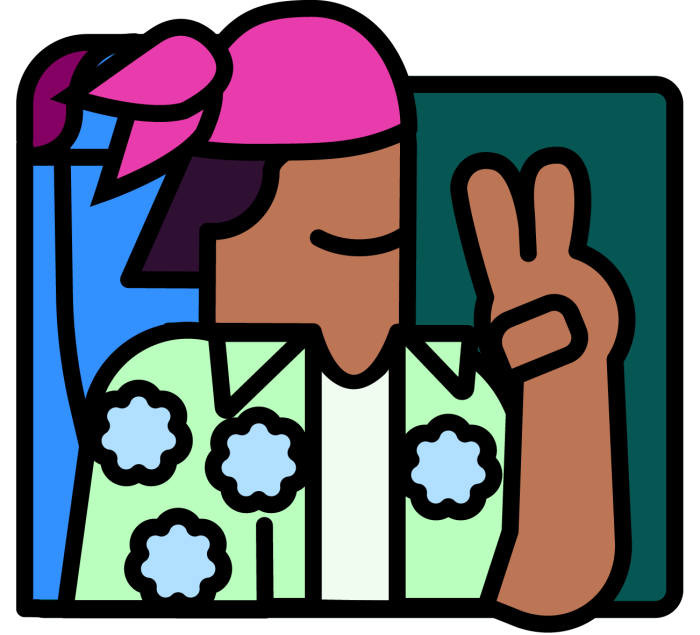 Voyageur faisant le signe V de la main