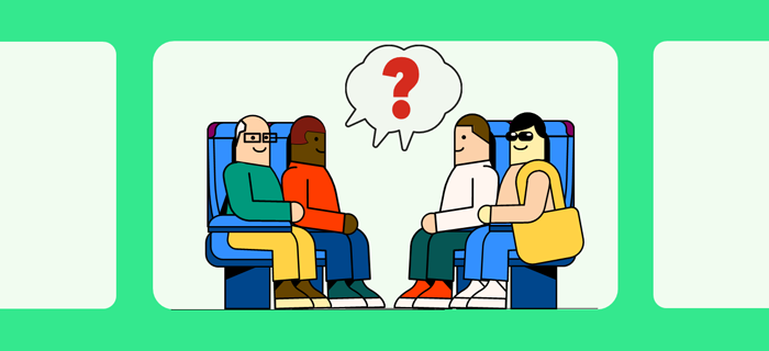 Quatre personnages assis dans un train, une bulle de BD au dessus d'eux contenant un grand point d'interrogation