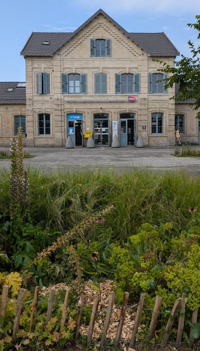 Photo de l'esplanade de la gare d'Epinay-Villetaneuse, avec en premier plan les plantes et fleurs entretenus par les salariés de l'association