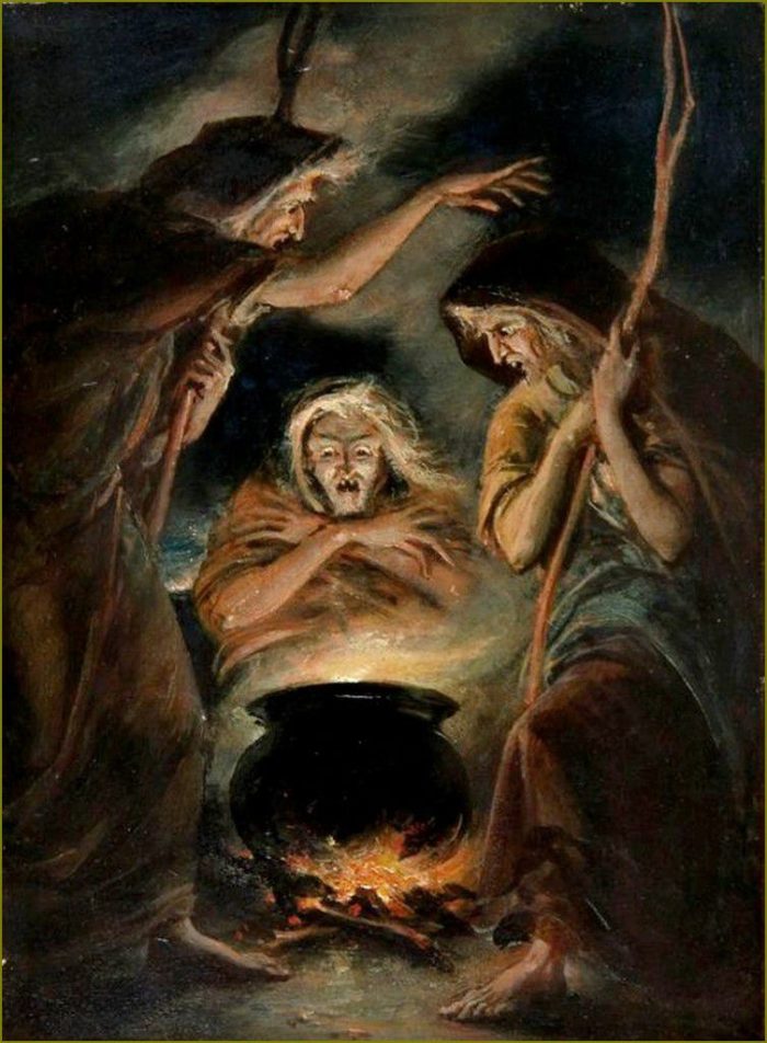 Peinture de trois sorcières autour d'un chaudron 