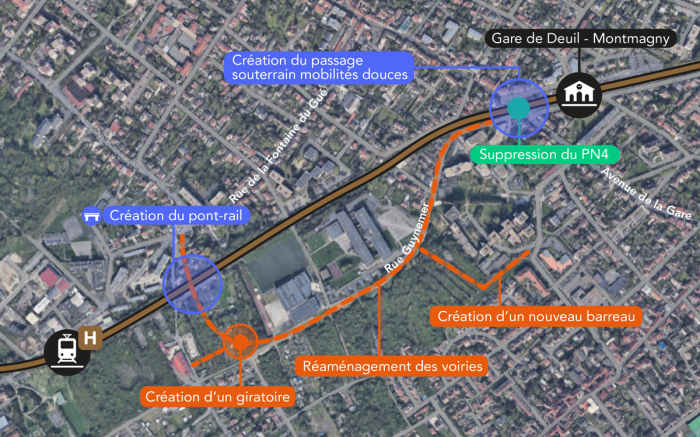 Plan du nouvel itinéraire routier une fois le PN fermé, et le pont créé.