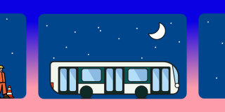 Dessin d'un bus et d'un ouvrier en tenue orange, de nuit sous un ciel étoilé et un croissant de lune