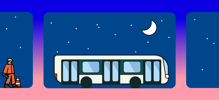 Dessin d'un bus et d'un ouvrier en tenue orange, de nuit sous un ciel étoilé et un croissant de lune