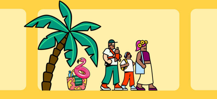 Illustration d'une famille entourée d'un palmier et d'accessoires de plage