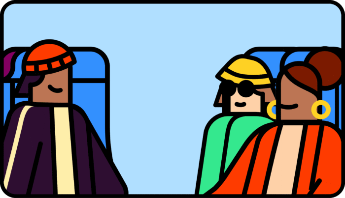 Illustration représentant 3 voyageurs assis face à face dans un train