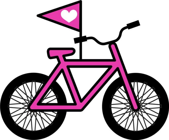 Illustration d'un vélo rose avec un petit drapeau à cœur 