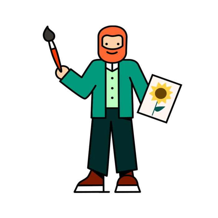 Illustration de Van-gogh avec un pinceau et un tableau de tournesol