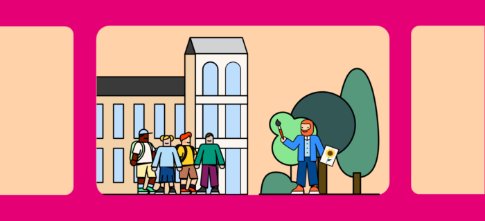 Illustration : enfants et artiste peintre avec musée en arrière plan