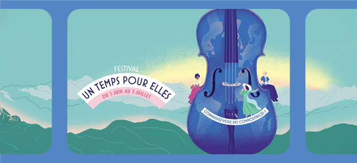 Image d'illustration comportant un paysage vallonné et un violoncelle