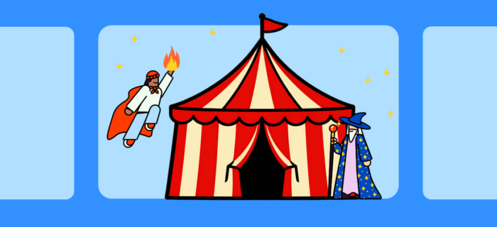 Deux personnages fictifs (un magicien avec une canne et une cape étoilée, un homme volant avec une flamme dans la main) et un chapiteau illustrant le festival du cirque