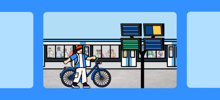 Illustration d'un homme tenant son vélo, sur le quai d'une gare